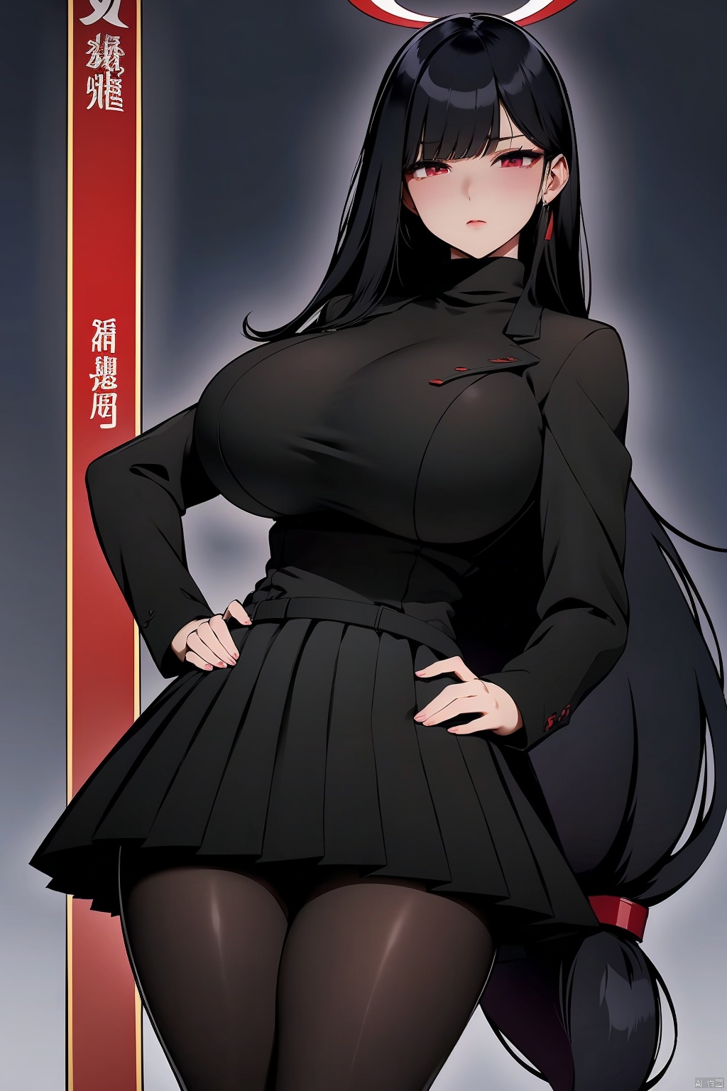 1girl solo long hair breasts looking at viewer blush bangs skirt large breasts black hair red eyes long sleeves holding very long hair standing jacket pantyhose pleated skirt miniskirt blunt bangs black skirt huge breasts black jacket hand on hip black pantyhose turtleneck halo turtleneck sweater chinese text