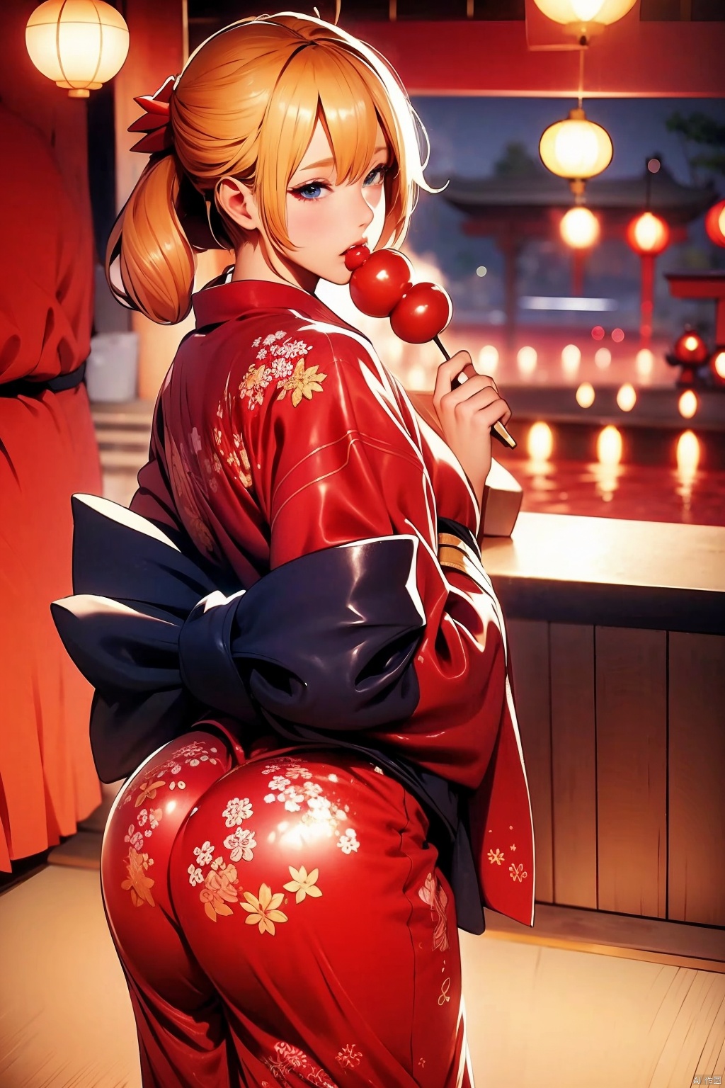 1girl solo looking at viewer blue eyes blonde hair ass food japanese clothes kimono sash obi yukata red kimono candy apple