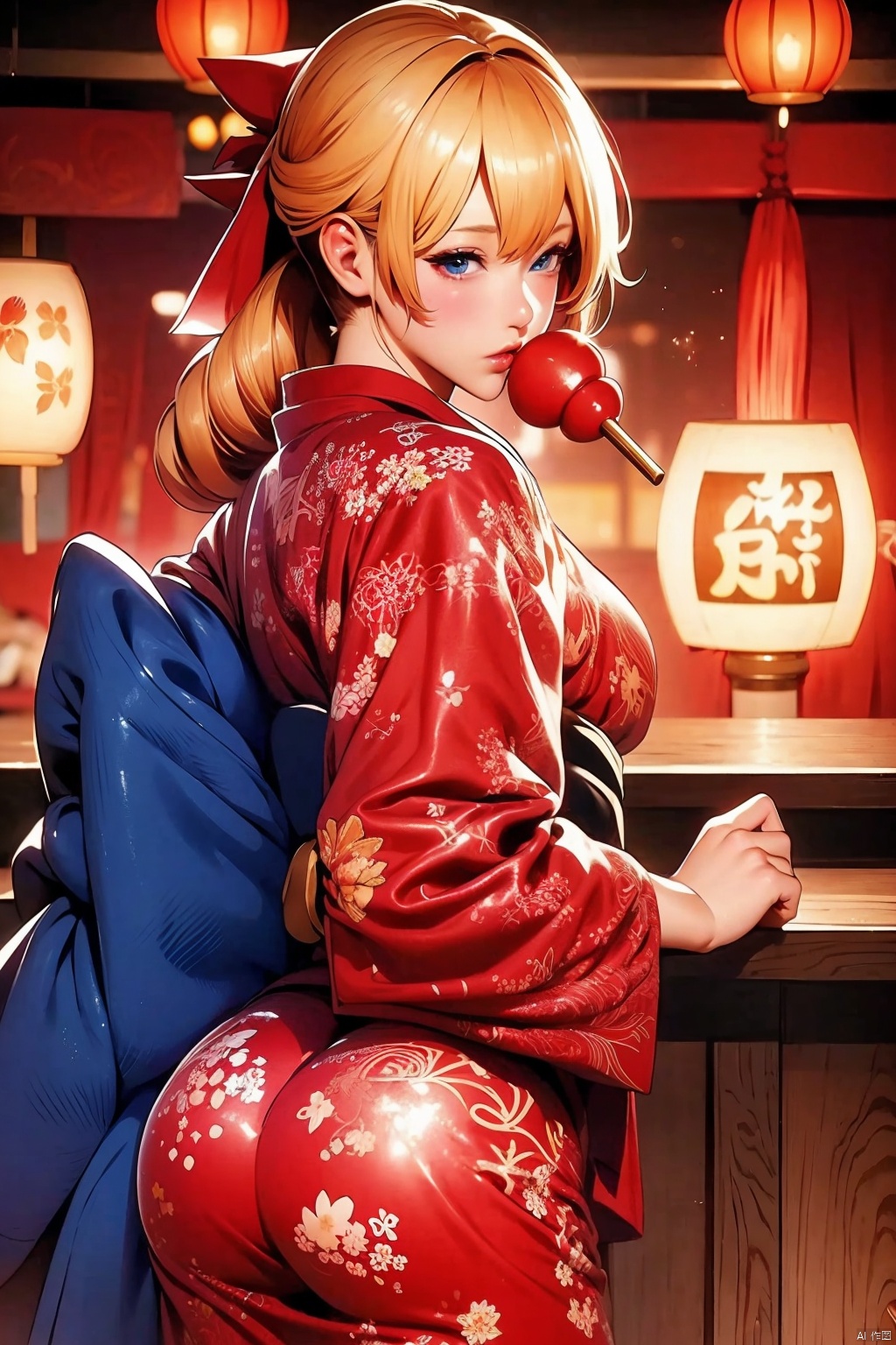 1girl solo looking at viewer blue eyes blonde hair ass food japanese clothes kimono sash obi yukata red kimono candy apple