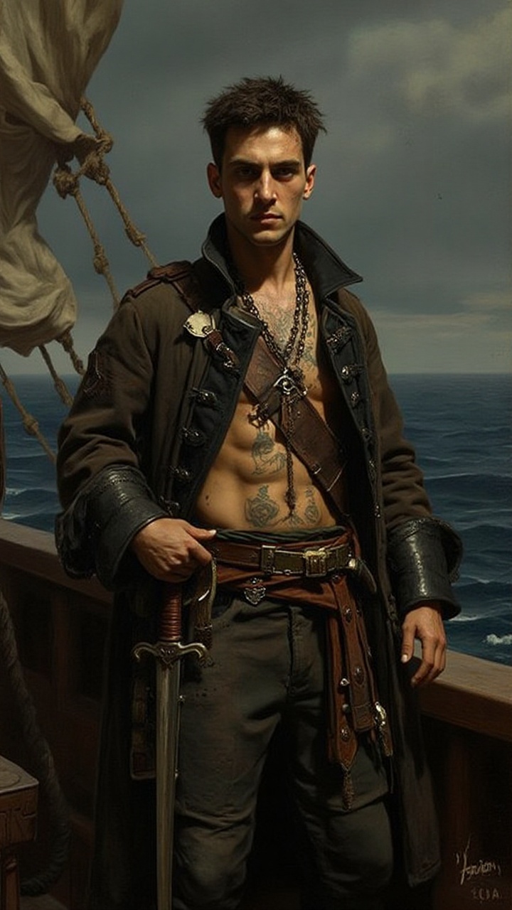 18-year-old French Pirate captain,  sporting short rugged hair and a scruffy face adorned with a thick eyebrows,  and tatt...