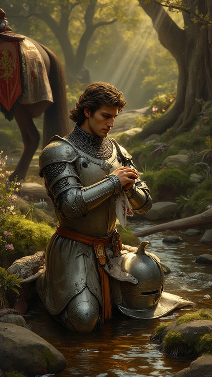 A noble knight of the late Romantic era,  clad in ornate silver armor,  kneels beside a tranquil woodland stream. His armo...
