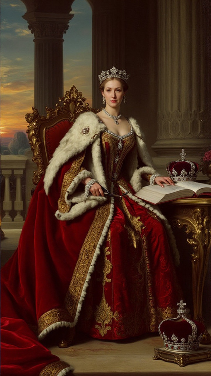 A Victorian queen seated on a gilded throne,  draped in a crimson velvet gown with gold embroidery and an ermine-lined cap...