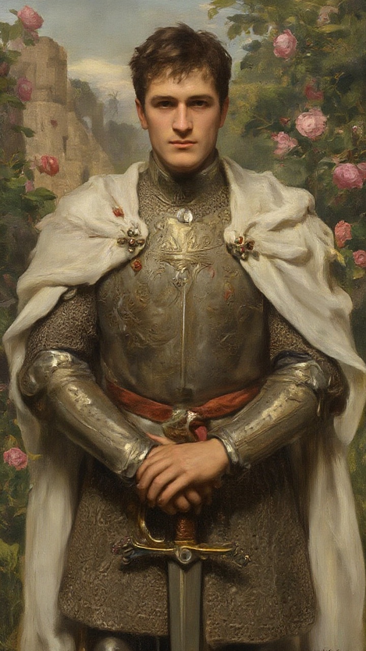 A holy white knight from the medieval era,  clad in intricately engraved High Gothic plate armor,  draped with a white cap...