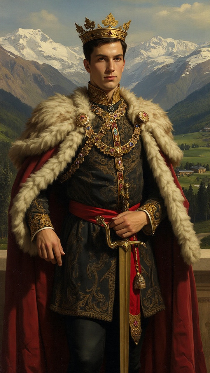 A regal,  late 19th-century romanticism-inspired portrait of a young king in a majestic outdoor setting. He stands tall an...