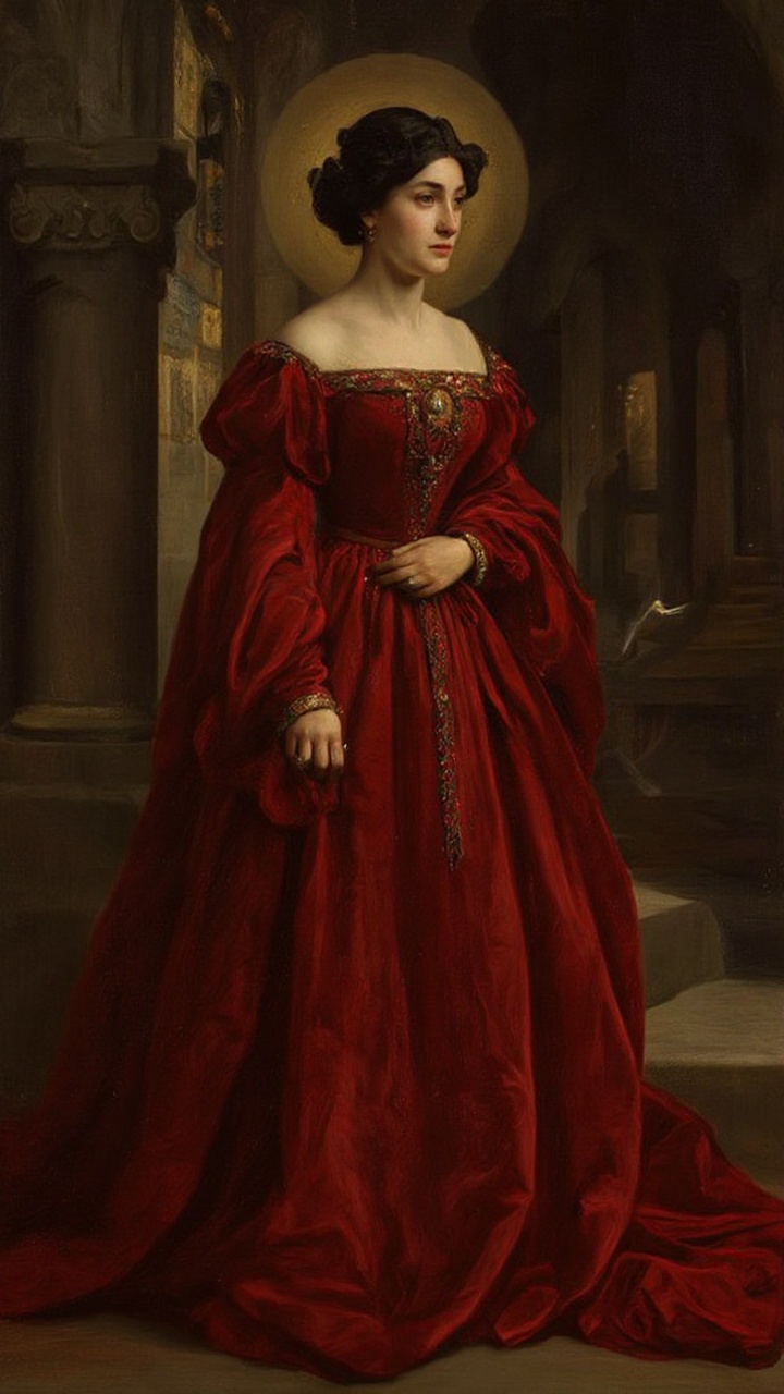Pre-Raphaelite painting Scene: lady in medieval red gown,  black hair,  halo on Tensor.Art