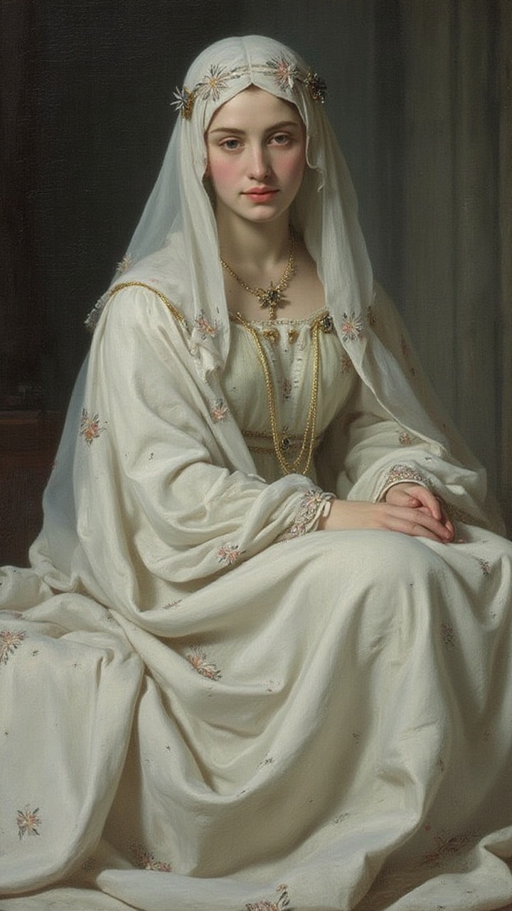 In a Renaissance-inspired portrait,  the Ethereal Goddess of Beauty sits serenely,  her long white wavy dress flowing like...