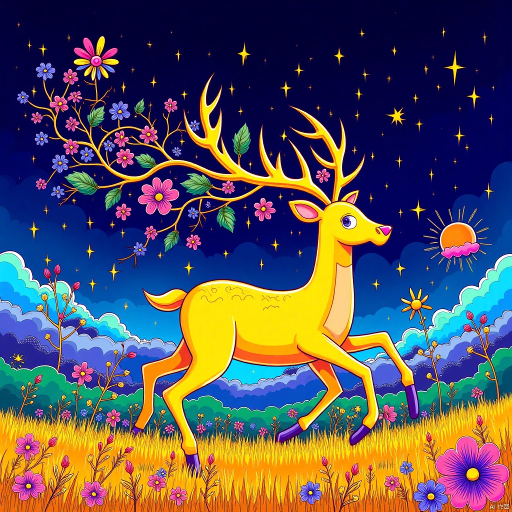 SK,BP,colorful illustration,whimsical, 
A golden deer galloping across the vast grassland, four hooves in the air, with ripples like wind, the air rolled up countless fluorine-like points of light. The deer's antlers are coiled around transparent vines, which bloom with bright flowers, swaying in the wind with the speed of running. Through the interaction between the deer and the wind, the illustration shows the power of nature and mysterious creatures, symbolizing the flow of life force and the breath of the earth