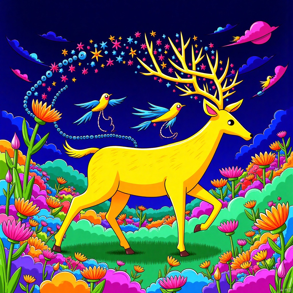 SK,BP,colorful illustration,whimsical, 
A golden deer galloping across the vast grassland, four hooves in the air, with ripples like wind, the air rolled up countless fluorine-like points of light. The deer's antlers are coiled around transparent vines, which bloom with bright flowers, swaying in the wind with the speed of running. Through the interaction between the deer and the wind, the illustration shows the power of nature and mysterious creatures, symbolizing the flow of life force and the breath of the earth
