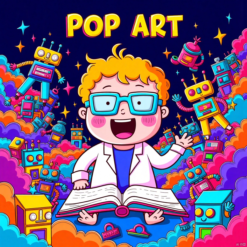 SK,BP,colorful illustration,whimsical, 
a baby scientist surrounded by robots,Wearing high-tech glasses,happy,open mouth,with an open book and various scientific equipment.,Above the screen is written the English letter 'Pop Art'