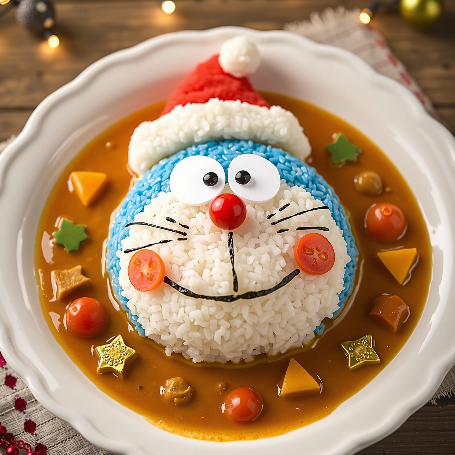 Curry Rice,  A whimsical plate of curry rice shaped like Doraemon's face,  with a Santa hat on top for a festive Christmas...