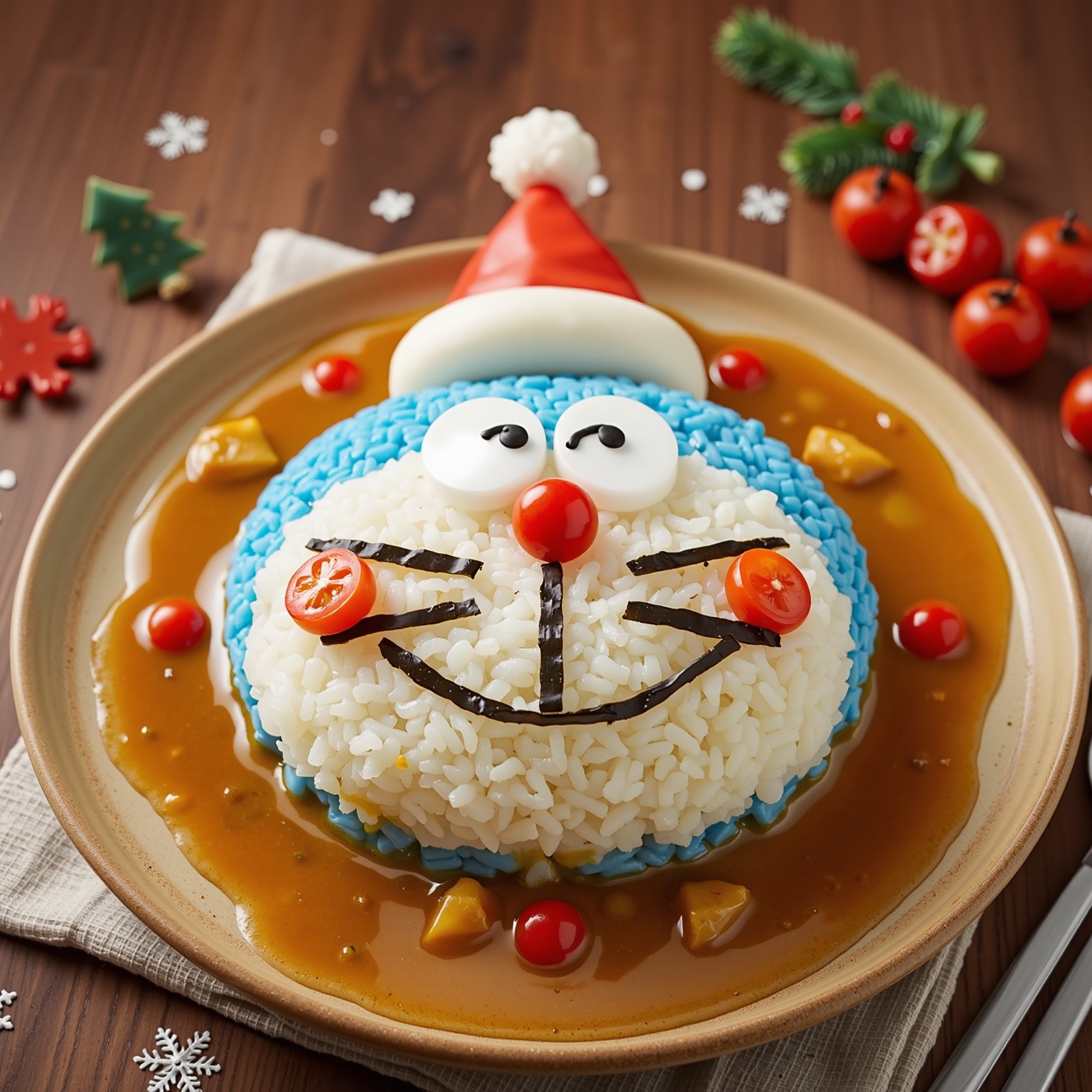 Curry Rice,  A whimsical plate of curry rice shaped like Doraemon's face,  with a Santa hat on top for a festive Christmas...