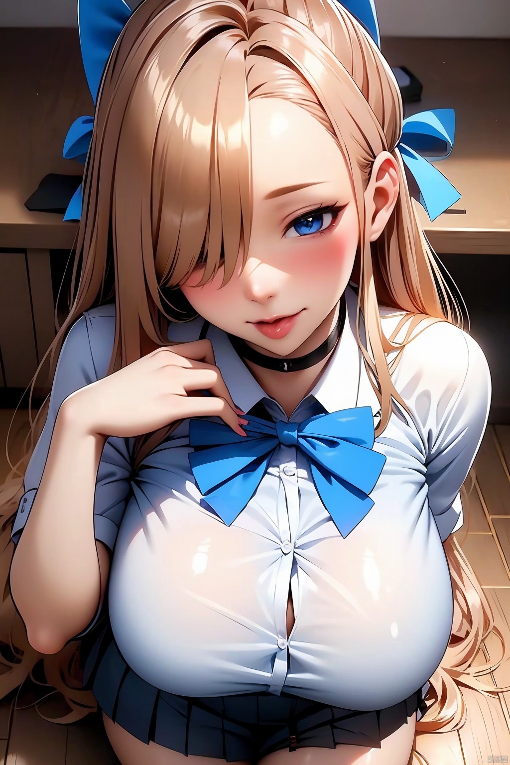 1girl solo long hair breasts looking at viewer blush smile open mouth bangs blue eyes skirt large breasts shirt bow ribbon cleavage school uniform hair ribbon white shirt thighs pleated skirt choker tongue collared shirt tongue out bowtie black skirt nail polish hair over one eye black choker halo light brown hair sleeves rolled up asuna \(blue archive\)