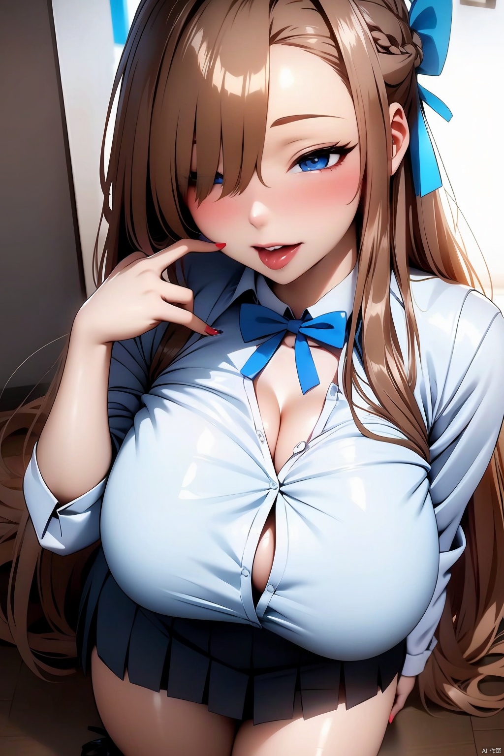 1girl solo long hair breasts looking at viewer blush smile open mouth bangs blue eyes skirt large breasts shirt bow ribbon cleavage school uniform hair ribbon white shirt thighs pleated skirt choker tongue collared shirt tongue out bowtie black skirt nail polish hair over one eye black choker halo light brown hair sleeves rolled up asuna \(blue archive\)
