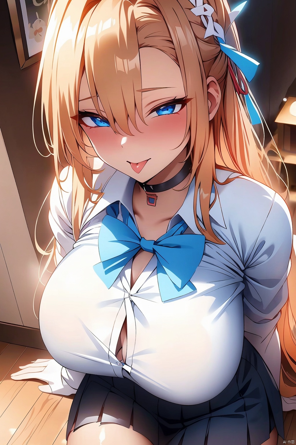 1girl solo long hair breasts looking at viewer blush smile open mouth bangs blue eyes skirt large breasts shirt bow ribbon cleavage school uniform hair ribbon white shirt thighs pleated skirt choker tongue collared shirt tongue out bowtie black skirt nail polish hair over one eye black choker halo light brown hair sleeves rolled up asuna \(blue archive\)