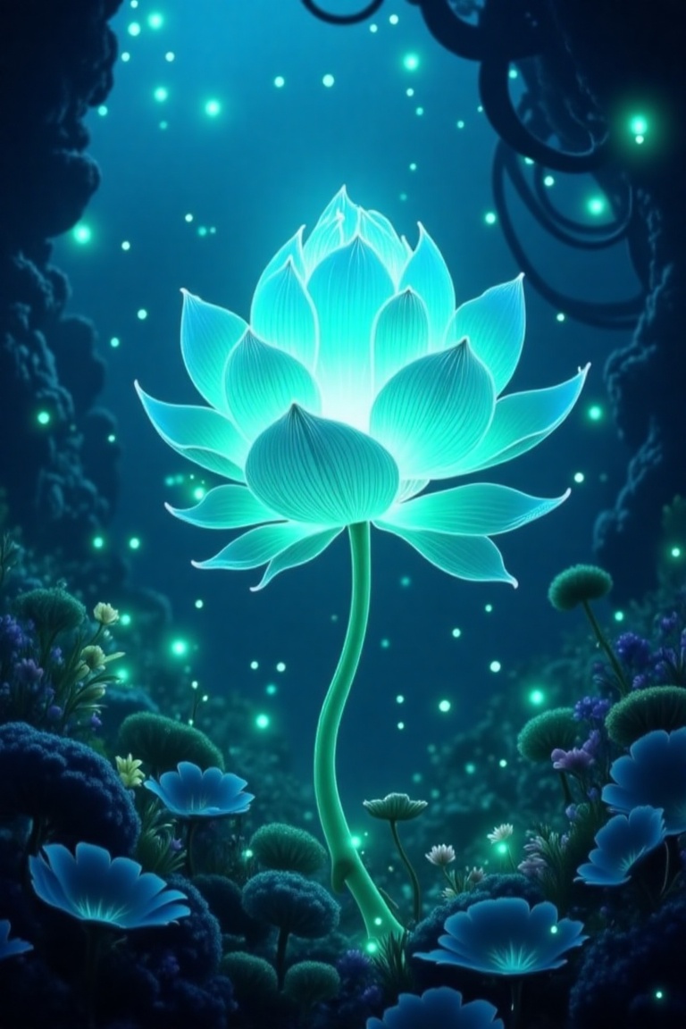 Glowing teal lotus flower,  center stage,  in a mystical underwater realm. Radiant teal petals softly illuminated on Tenso...
