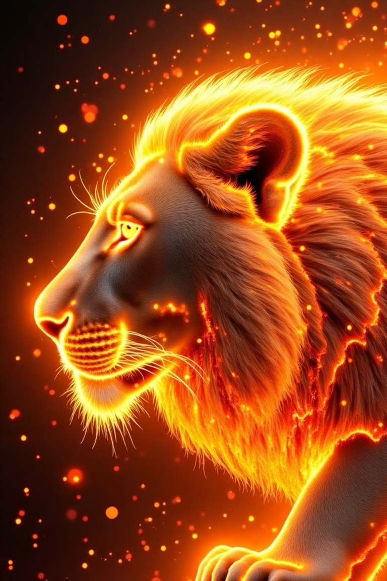 Fierce lion head,  profile view,  ablaze with golden-orange fire. Mane and fur transformed into incandescent streaks of li...