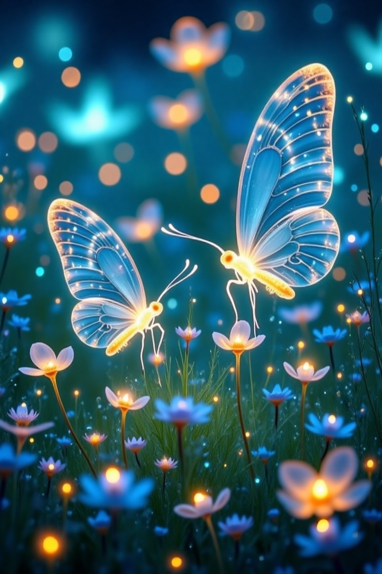 Two translucent,  glowing butterflies alight on delicate wildflowers in a mystical meadow. Soft,  glowing light illuminate...