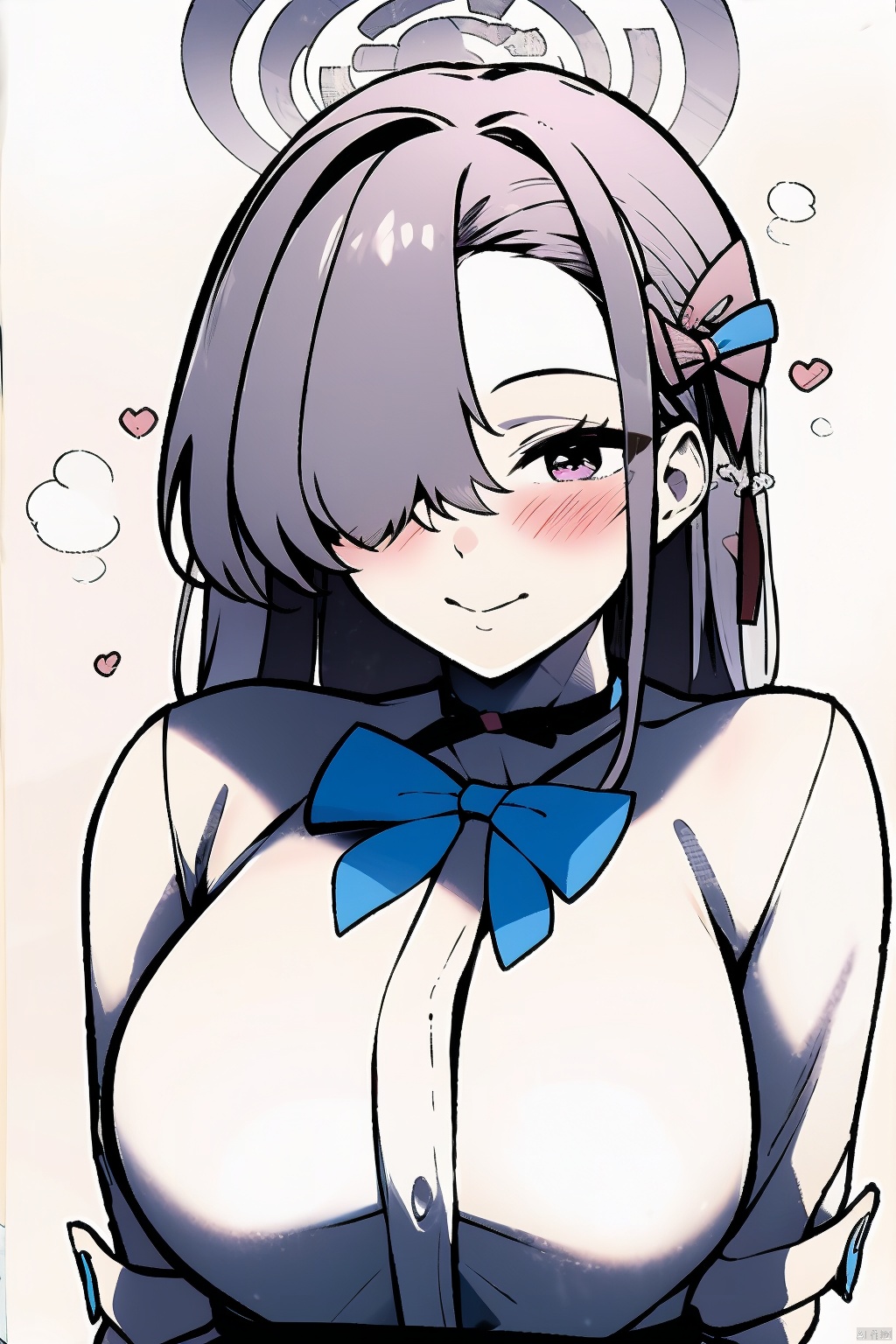 1girl solo long hair breasts looking at viewer blush smile bangs skirt large breasts shirt bow ribbon school uniform hair ribbon heart choker bowtie hair over one eye halo asuna \(blue archive\)