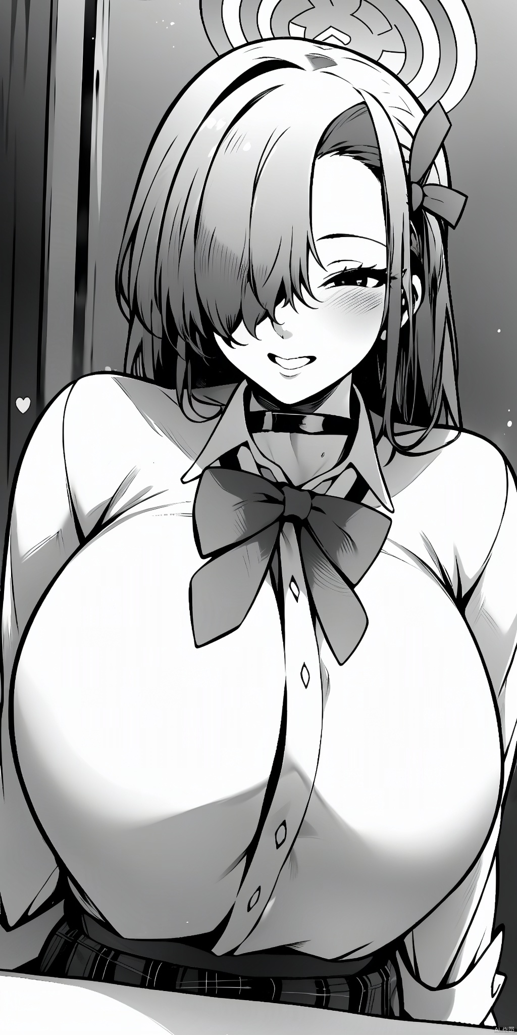 1girl solo long hair breasts looking at viewer blush smile bangs skirt large breasts shirt bow ribbon school uniform hair ribbon heart choker bowtie hair over one eye halo asuna \(blue archive\)