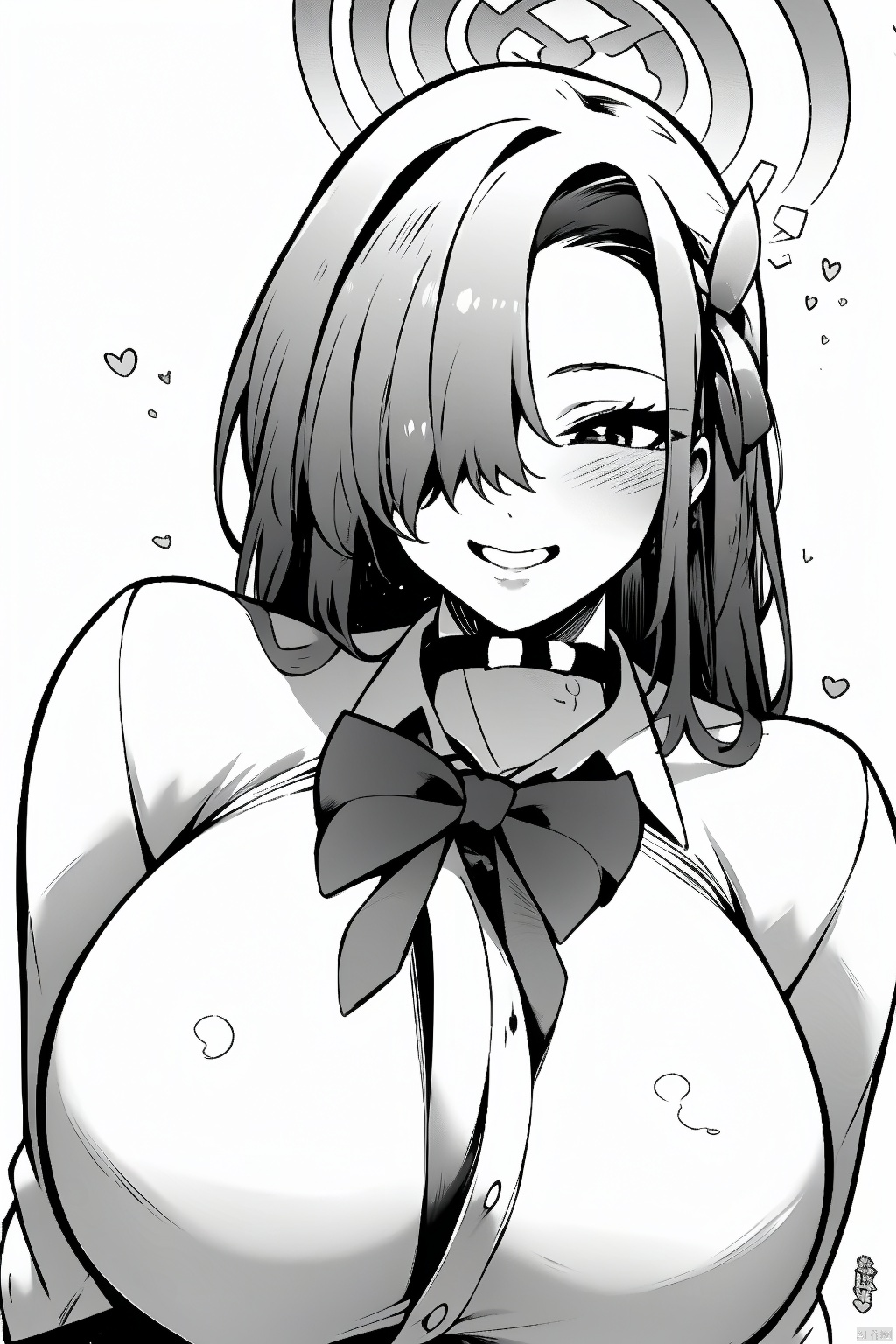 1girl solo long hair breasts looking at viewer blush smile bangs skirt large breasts shirt bow ribbon school uniform hair ribbon heart choker bowtie hair over one eye halo asuna \(blue archive\)