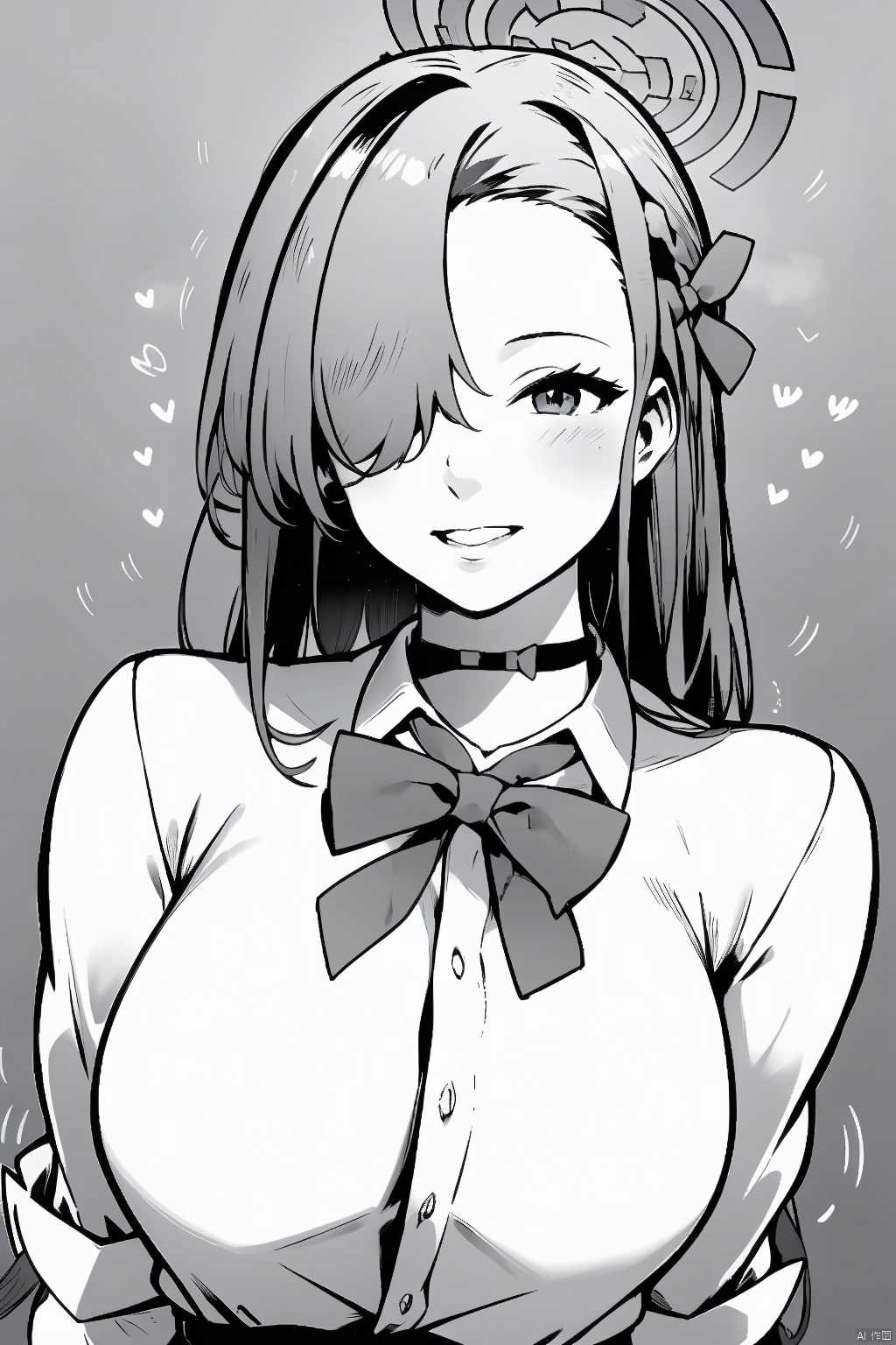 1girl solo long hair breasts looking at viewer blush smile bangs skirt large breasts shirt bow ribbon school uniform hair ribbon heart choker bowtie hair over one eye halo asuna \(blue archive\)