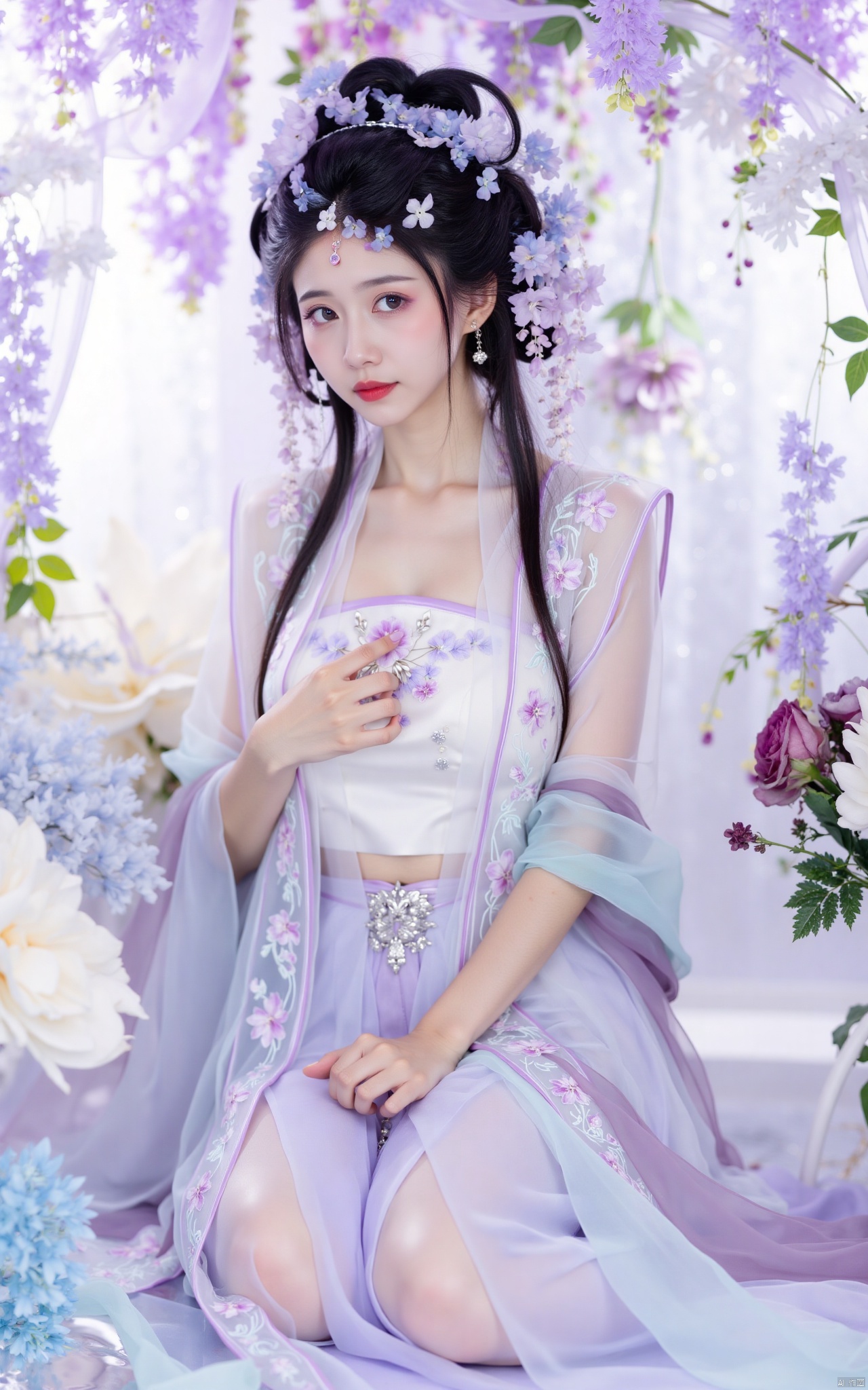 masterpiece,(best quality),official art, (1girl), (solo), ((looking_at_viewer)),(huge breasts:2.39),(full breasts:1.99),Xzhaoliner,(Lotus pond, lotus:1.52),Xzhanguopao,Xduorou,,Xmengkeer,,Xqipao