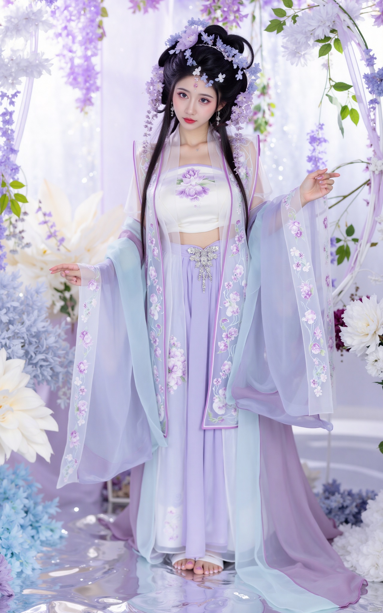 masterpiece,(best quality),official art, (1girl), (solo), ((looking_at_viewer)),(huge breasts:2.39),(full breasts:1.99),Xzhaoliner,(Lotus pond, lotus:1.52),Xzhanguopao,Xduorou,,Xmengkeer,,Xqipao