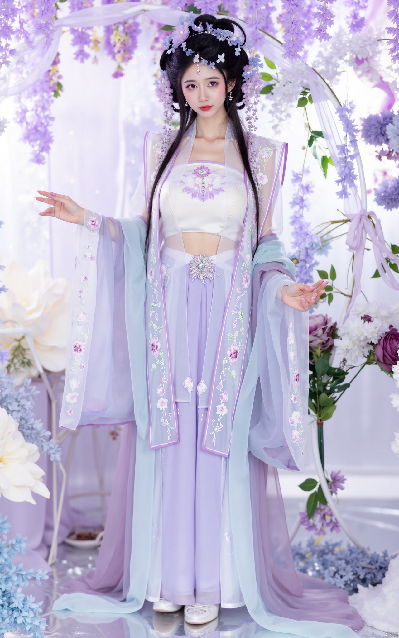 masterpiece,(best quality),official art, (1girl), (solo), ((looking_at_viewer)),(huge breasts:2.39),(full breasts:1.99),Xzhaoliner,(Lotus pond, lotus:1.52),Xzhanguopao,Xduorou,,Xmengkeer,,Xqipao