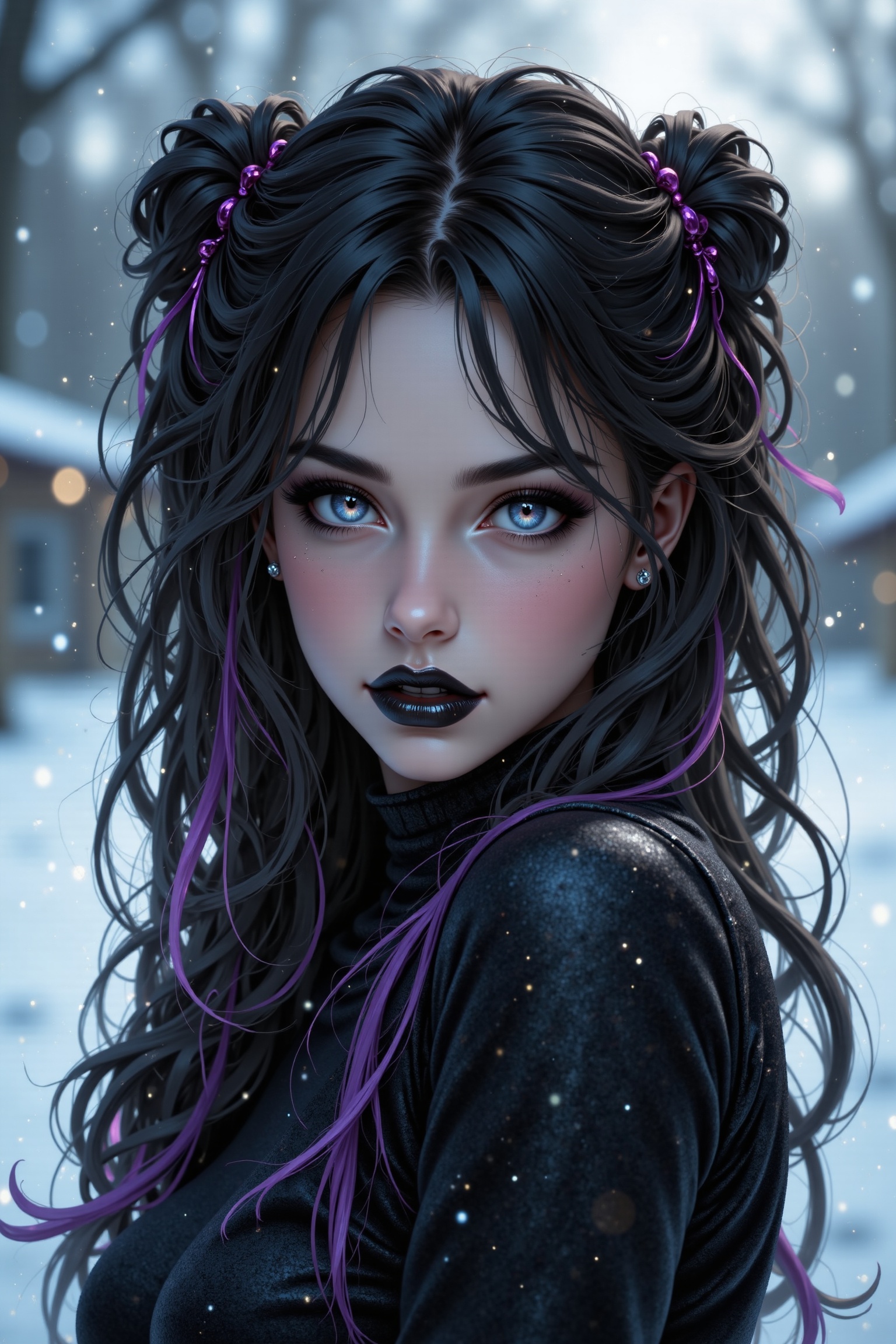 A mysterious,  attractive woman with a pale face and jet-black smokey eyes,  wearing black glossy wet-look lipgloss. Her v...