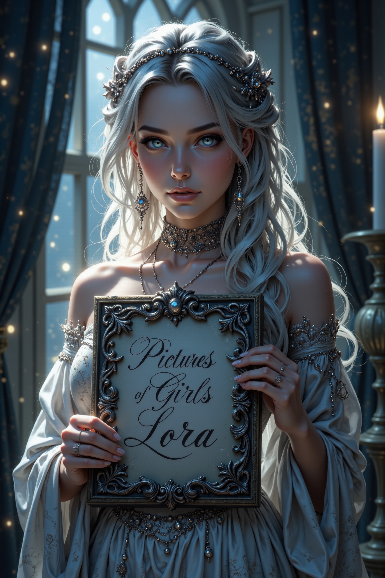 A young woman with ethereal beauty,  her skin glowing like moonlit silk,  holds a sign adorned with intricate silver threa...
