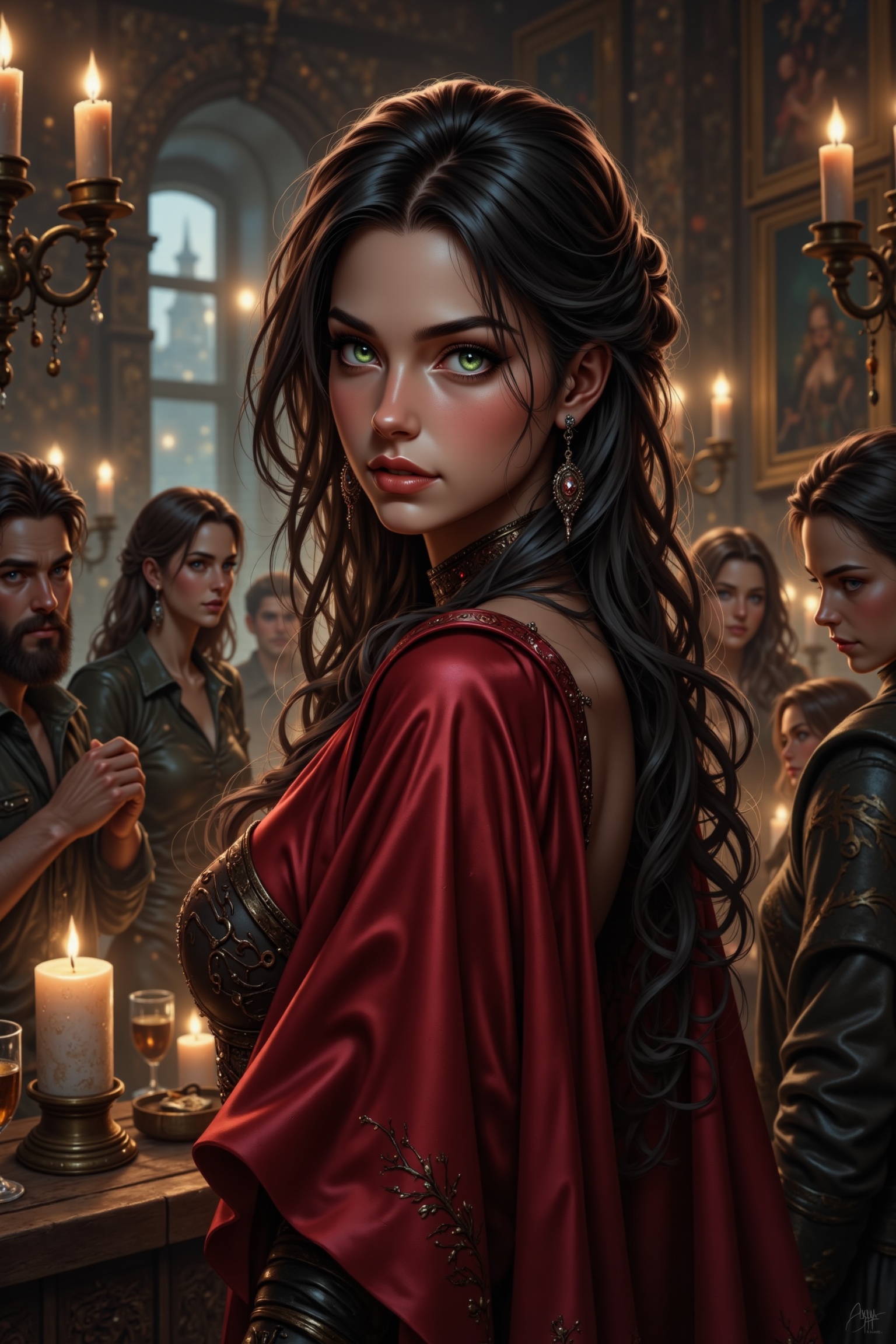 A sultry Dacian warrioress poses confidently in a dimly lit tavern setting. She stands tall,  her curves accentuated by th...