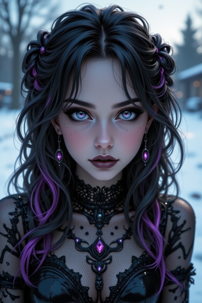 A mysterious,  attractive woman with a pale face and jet-black smokey eyes,  wearing black glossy wet-look lipgloss. Her v...