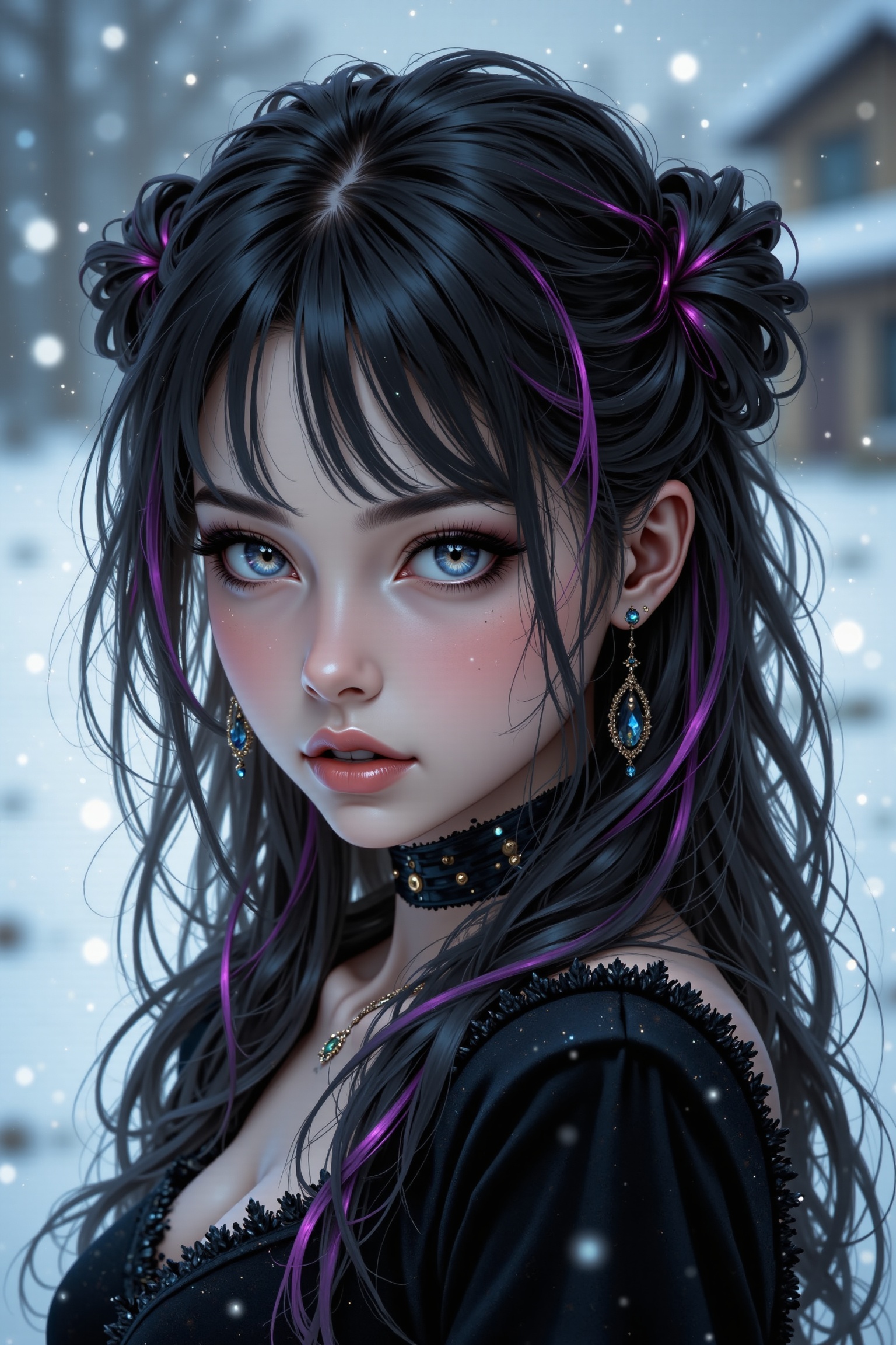 A mysterious,  attractive woman with a pale face and jet-black smokey eyes,  wearing black glossy wet-look lipgloss. Her v...