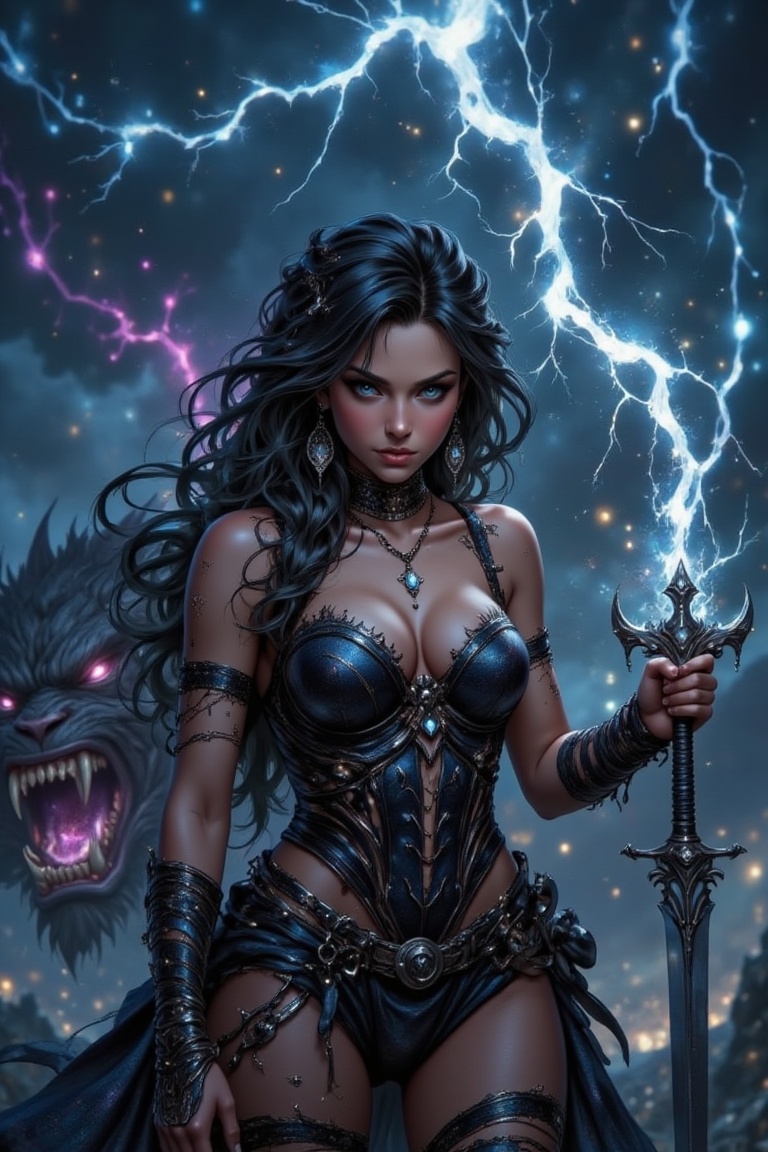 A female warrior stands victoriously next to a snarling beast,  with long flowing hair,  torn armor on Tensor.Art