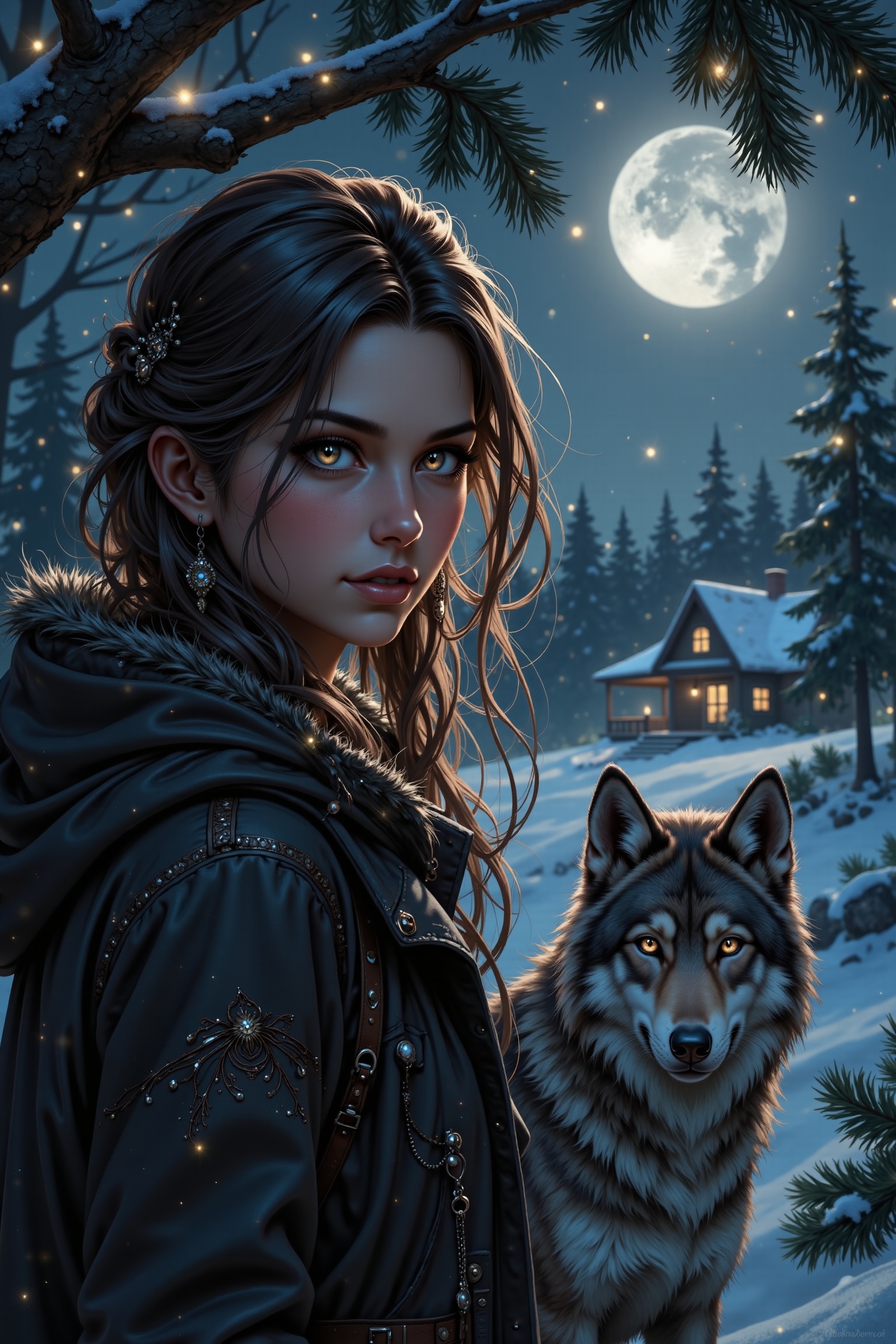 A lone girl stands under the silhouetted branches of a pine tree,  her long brown hair cascading down her back like a wate...