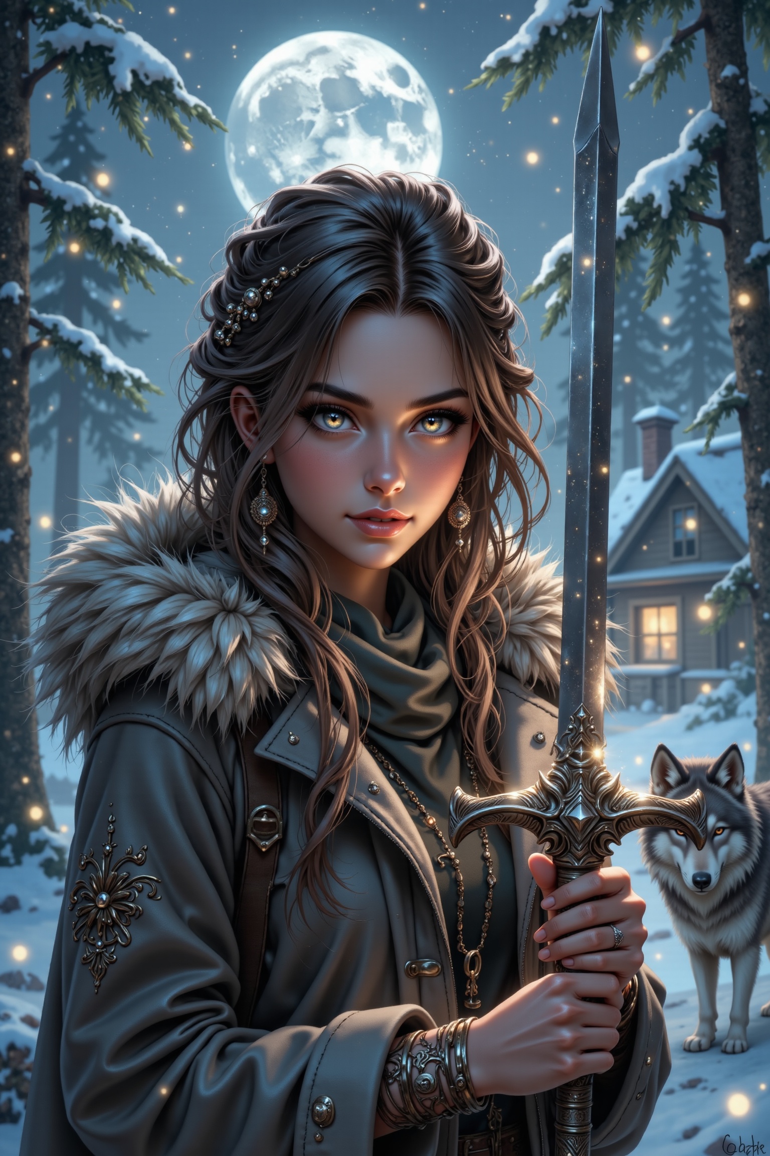 A girl stands in a serene winter wonderland,  her long brown hair and piercing brown eyes capturing the viewer's attention...