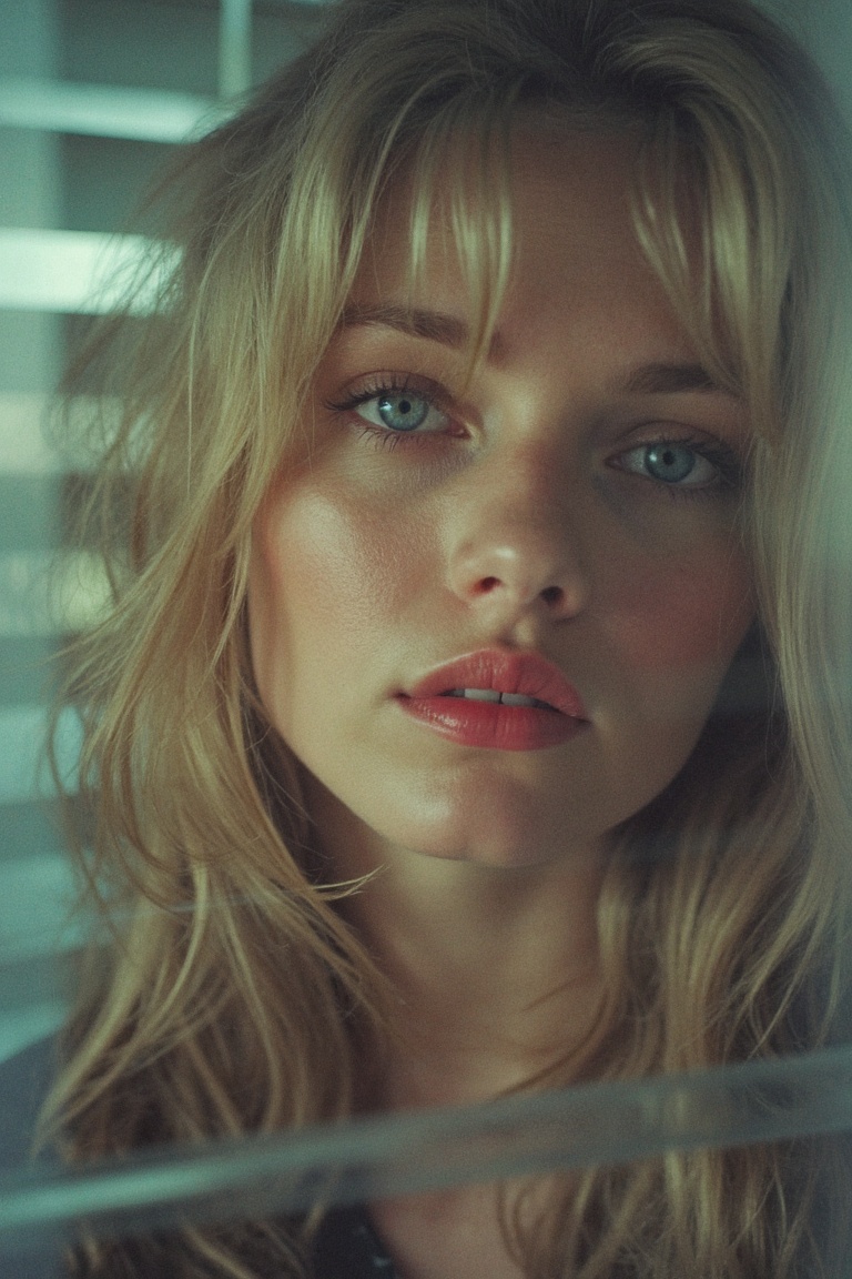((CinematicPortrait analog photo)) blonde woman indoors,  lipstick,  blue eyes on Tensor.Art