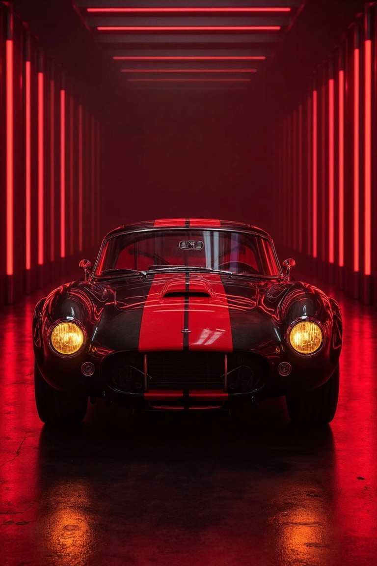 "A hyper-realistic front view of a classic black sports car with bold red racing stripes running down the center of its ho...
