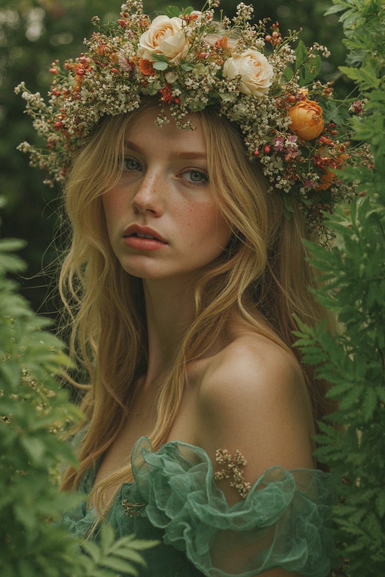 a luminous,  ethereal woman adorned in a flowing,  emerald green gown on Tensor.Art