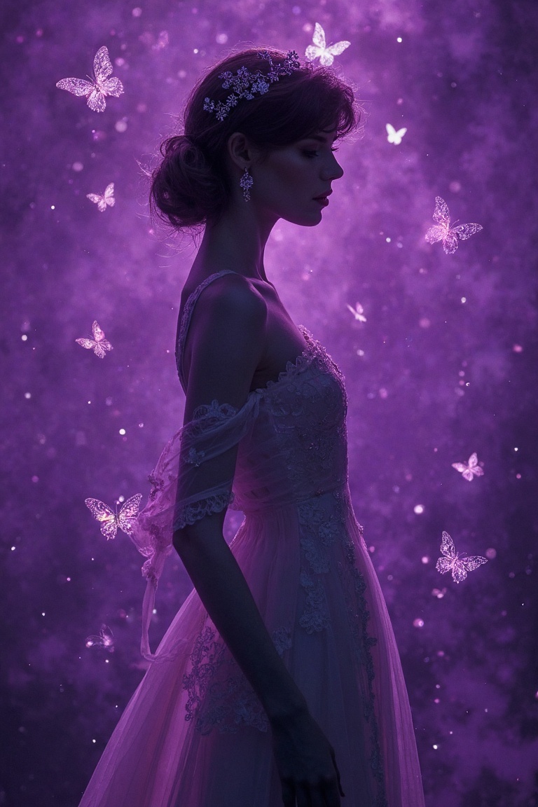 Elegant silhouette of a young woman,  inspired by Jane Austen's Emma,  set against a rich on Tensor.Art