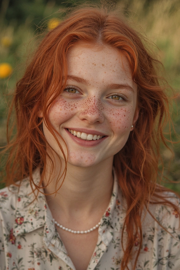 Vibrant outdoor portrait of a stunning 15-year-old redhead with porcelain,  fair,  and pale skin on Tensor.Art