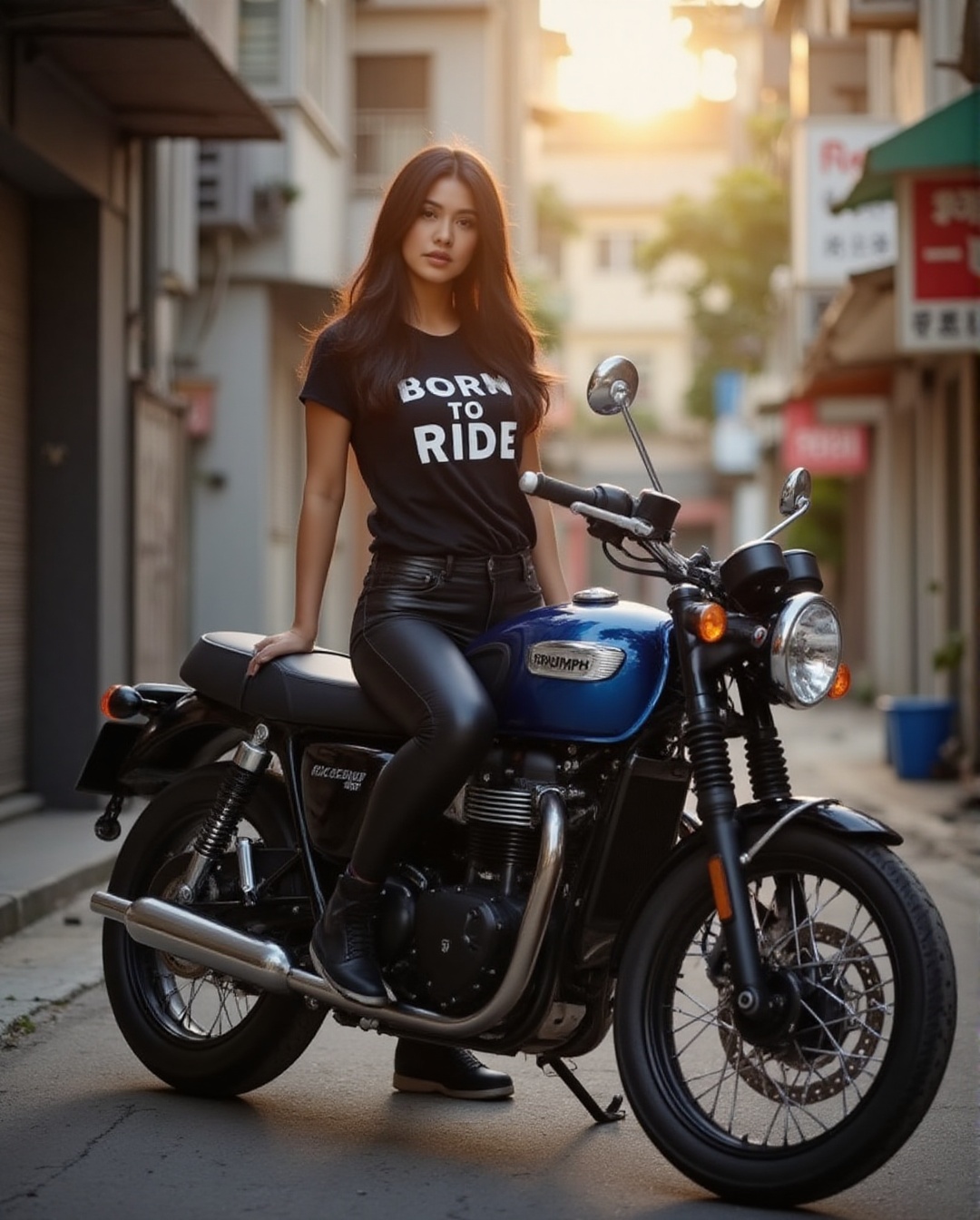 Against a backdrop of tokyo,  a cute 18yo girl in a fitted black t-shirt with text : "BORN TO RIDE",  fitted elather pants...