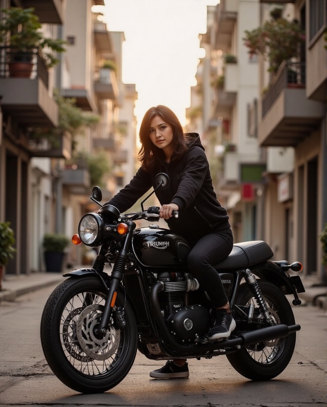 Against a backdrop of city,  a cute 22yo japanese girl in a hoodie and yoga pants stands poised,  riding on Triumph Bonnev...