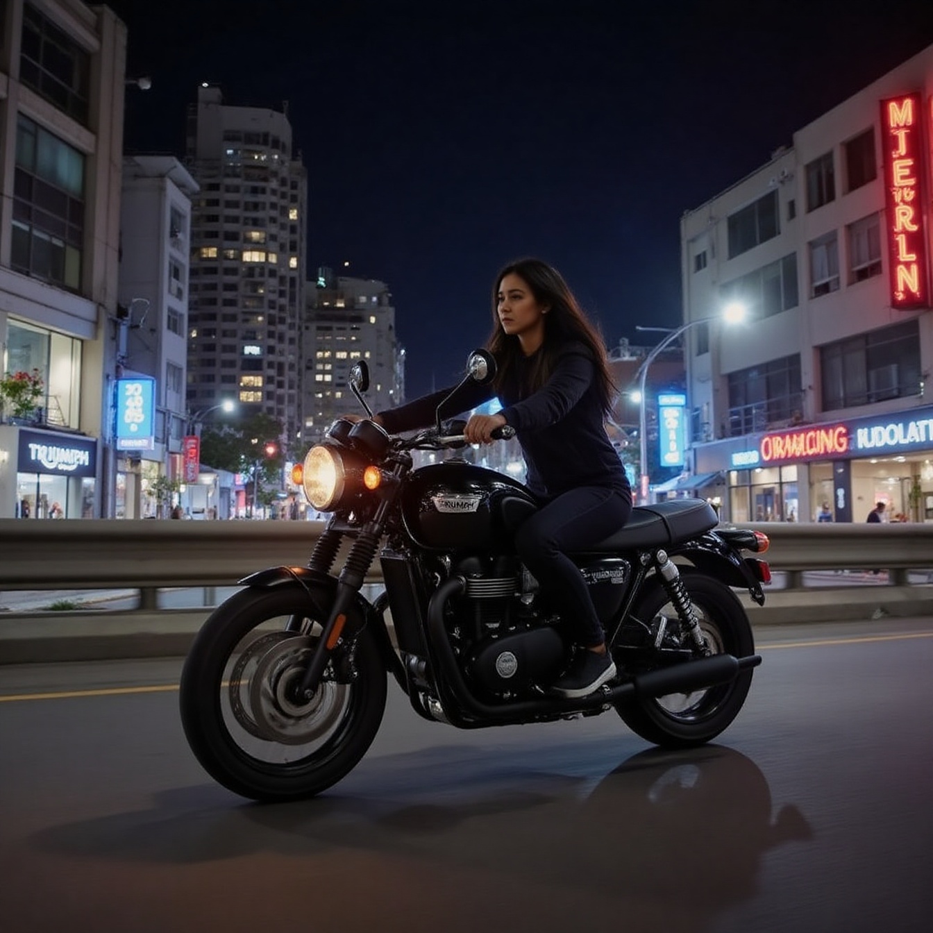 a girl with long hair and black outfit,  riding a Triumph Bonneville T100 motorcycle through a cityscape at night,  showin...