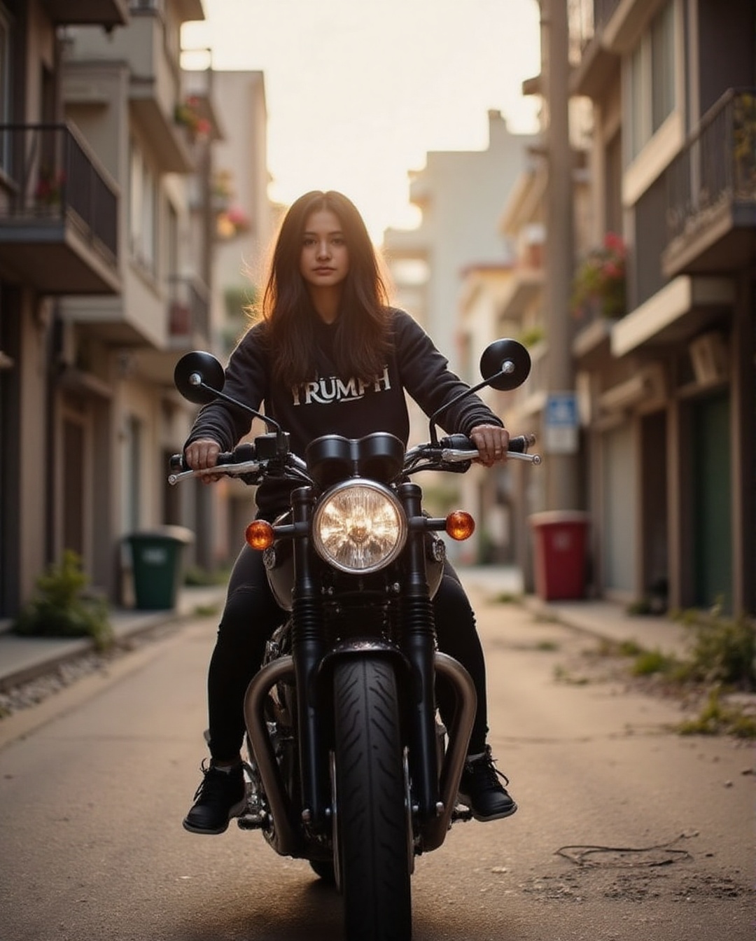 Against a backdrop of city,  a cute 22yo japanese girl in a hoodie and yoga pants stands poised,  riding on Triumph Bonnev...