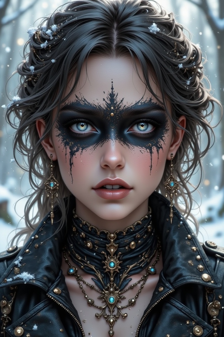 A woman with black makeup,  no eyes,  roughly painted skin on Tensor.Art
