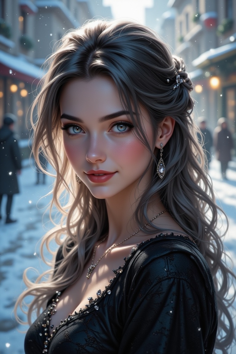 A woman with black and white hair,  wearing red lipstick,  smiles warmly. Classicism style on Tensor.Art