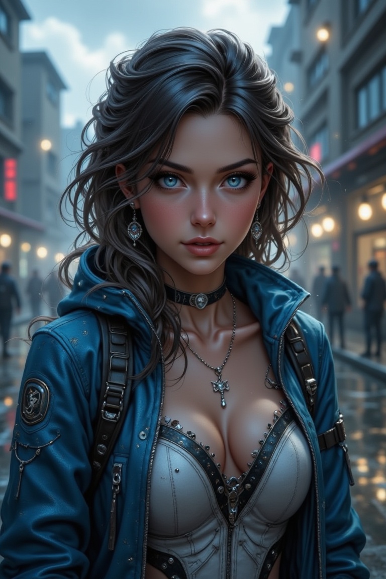 A photorealistic,  ultra-detailed woman in a blue sport thin jacket and white & black top,  facing the viewer. She wears S...