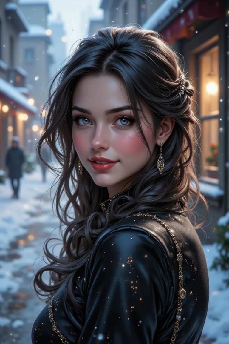 A woman with black and white hair,  wearing red lipstick,  smiles warmly. Classicism style on Tensor.Art