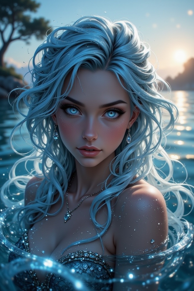 A mermaid with frost-covered skin and hair glides through the ocean,  close-up. Soft,  blue lighting enhances the icy text...